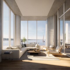Waterfront property with a living room captured in sunny morning light, showing modern architecture, detailed textures, and clean surroundings.