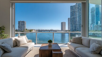 Waterfront property with a living room captured in clear blue sky, showing modern architecture, detailed textures, and clean surroundings.