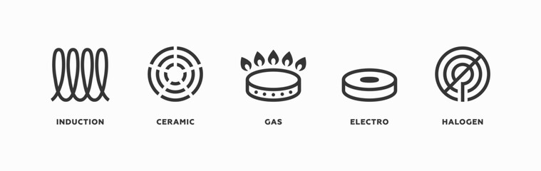 Simple black line icon set electro, gas, induction, ceramic and halogen cooking isolated on white background