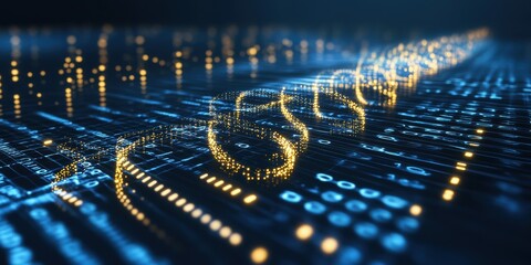 Abstract Digital Data Stream Glowing Golden Helix on Blue Binary Code Background