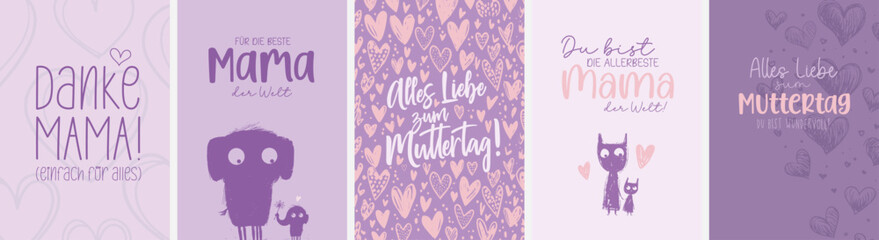 5 süße Karten mit Muttertags Wünschen (Postkartenformat); moderne Typo; Font & Grafiken komplett als Pfade
