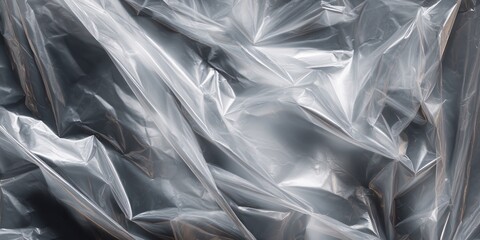 Reflective silver plastic sheet with crumpled texture and glossy folds
