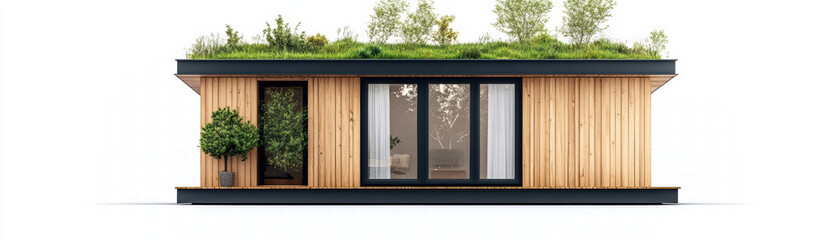 Sustainable Haven: Modern eco-friendly building with a green roof. Embrace a world where sustainability meets contemporary architecture, in this detailed visual, you'll find an architectural gem.