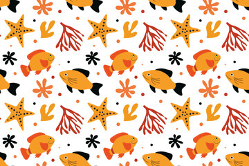 Seamless pattern of fish, starfish and coral on a white background. Flat style. Vector illustration