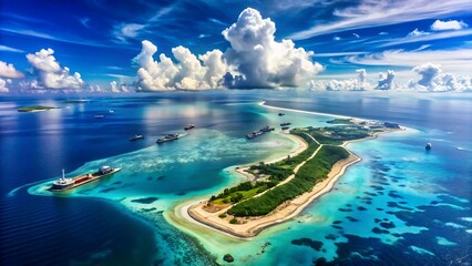 Fototapeta premium Aerial view of tropical island paradise with turquoise water and scenic cloudy sky