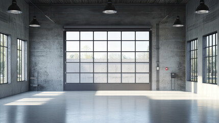 Industrial Interior: A spacious industrial interior is bathed in natural light, highlighting the textures of concrete and steel. Its open layout, accentuated by large windows.