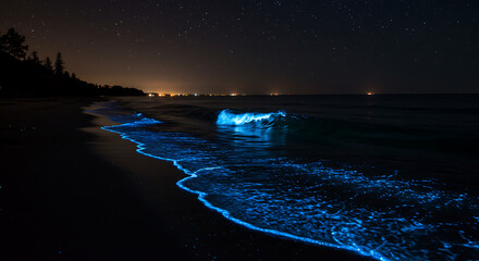 Conceptual image of a glowing bioluminescent wave at night, sparkling along the shoreline — magical, rare natural phenomenon