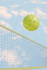 Fun day of pickleball with a green ball in action under a bright sky. 3d rendering