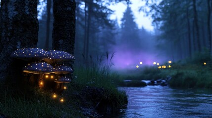 Glowing mushrooms sit near a tranquil stream as twilight falls over a misty forest. Soft lights flicker in the background, creating a magical atmosphere in nature
