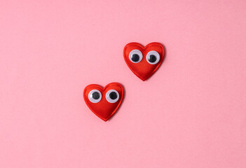 Lovely couple symbol. Dating and valentines`s day concept. Two hearts on pink blank background. Empty space