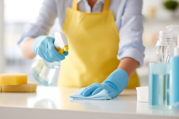 Housekeeper cleaning white surface with disinfectant spray and microfiber cloth