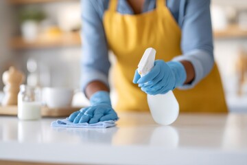 Housekeeper disinfecting white kitchen counter with spray bottle and cloth