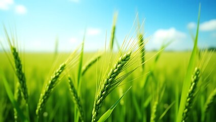 Fototapeta premium Green Rice Field Under Blue Sky. Generative Ai.