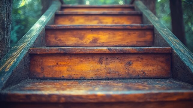 Fototapeta Ascending wooden steps in nature, leading upwards