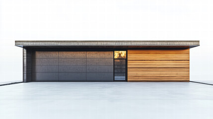 Modern Garage Facade: A contemporary garage with a clean, minimalist aesthetic, showcasing a fusion of textures with its wood paneling and sleek metal door, offering a glimpse into a well-designed.