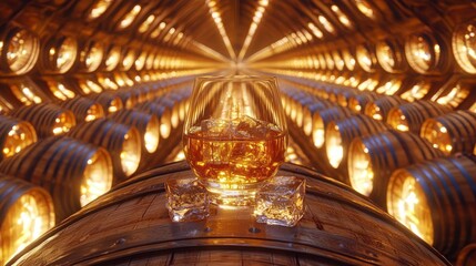 Obraz premium Barrels, drink on wood, ice, amber glow