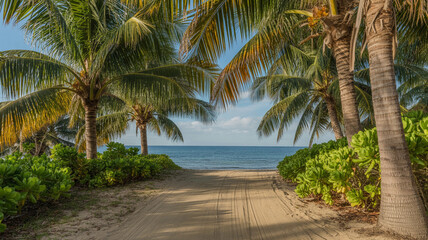 Obraz premium Sun-Drenched Tropical Pathway with Ocean Glimpse