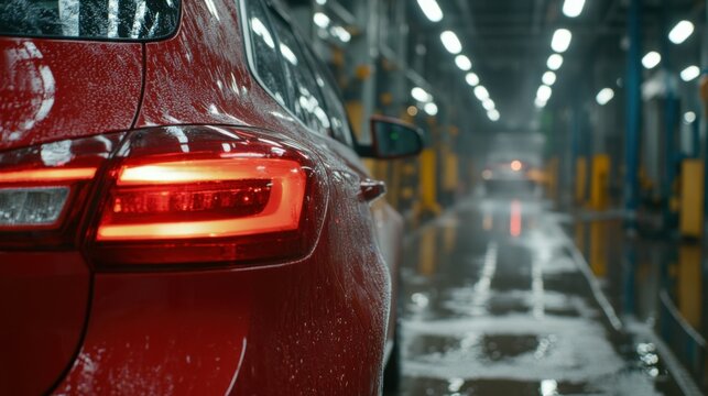 Close up view of polisher tool rotating and polishing car tail lights, car wash center, clining cars.