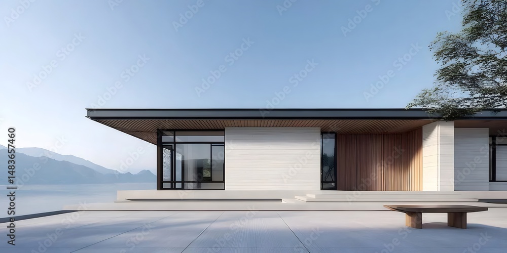 Aufkleber 湖畔の現代的な住宅建築 エクステリアデザイン 木とコンクリートの構造 淡い青空 ミニマリストスタイル