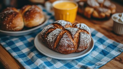 Baked bread, dessert, and cup of yellow custard on blue cloth