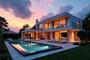 Luxurious modern home exterior with pool and landscaping at sunset , exterior, twilight, plants