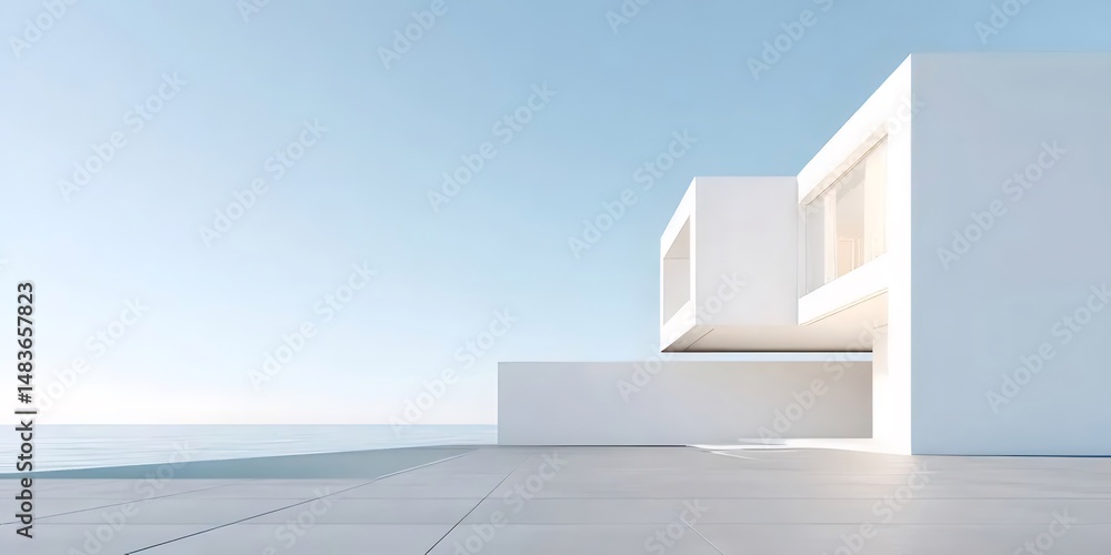 Aufkleber 海と青空を背景にした白いミニマリスト建築デザインの家 屋外のコンクリートテラスとモダンな外観を持つ四角い住宅デザイン