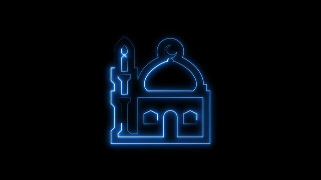 Glowing neon mosque blue icon animation black background