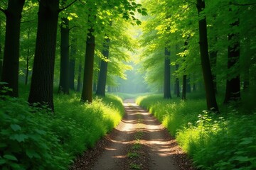 Obraz premium Sun-dappled path winding through a lush green forest, leaves overhead creating a canopy , outdoor, light, forest