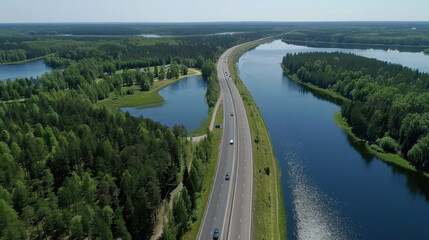 Fototapeta premium road near a river through a forest
