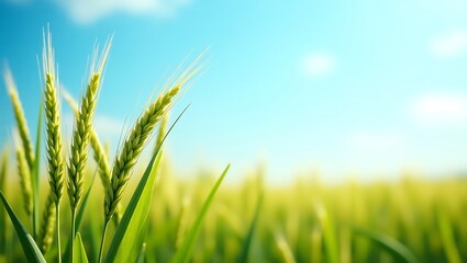 Obraz premium Green Rice Field Under Blue Sky. Generative Ai.