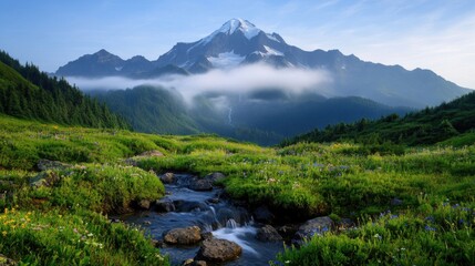Obraz premium A stunning mountain towers in the background, surrounded by mist and vibrant green meadows. A gentle stream winds through the foreground, reflecting the tranquil beauty of nature