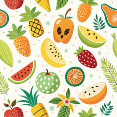 Colorful fruit pattern with sliced fruits, whole fruits, and tropical leaves