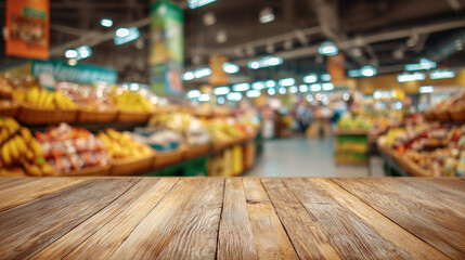 Fototapeta premium Wooden Tabletop with Supermarket Background