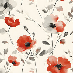 floral seamless pattern with red poppies and white background, clean watercolor vector mix