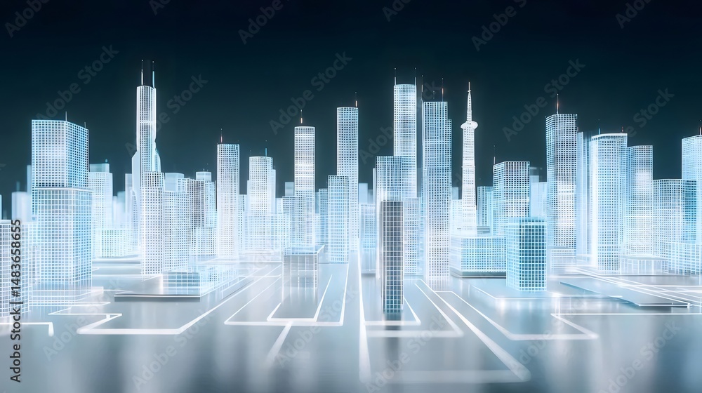 Aufkleber 青白いライトが付いた未来的な都市景観の抽象的な表現で都市の夜景、建築物、高層ビル、構造のパノラマが特徴のデジタルの背景