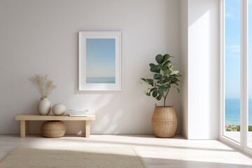 Serene interior design with ocean view modern living room minimalist aesthetics bright environment wide angle