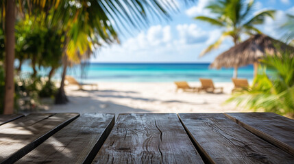 Wooden Tabletop Overlooking Tropical Beach