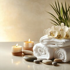 Modern spa concept with towels, candles, stones, and flowers placed neatly on one side over a smooth light cream background, wellness and calm aesthetic.