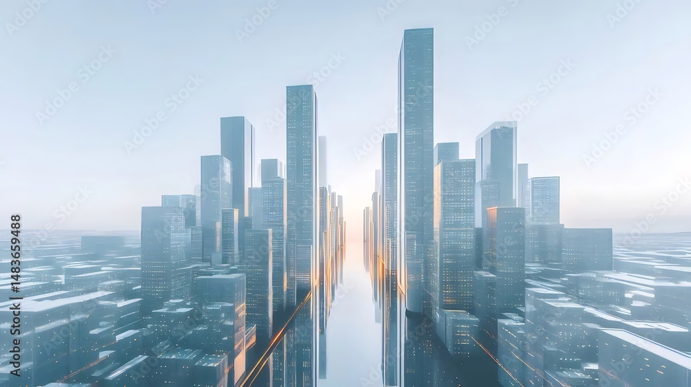 Aufkleber 青と白の背景に幾何学的なデザインと光の効果のある未来的な都市の風景