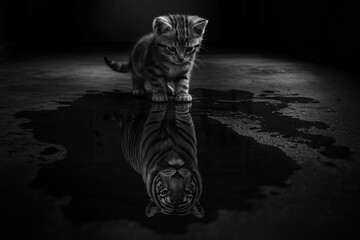Conceptual black-and-white image of a kitten seeing its reflection as a fierce tiger in a water puddle, symbolizing self-confidence, ambition, potential, and inner strength.