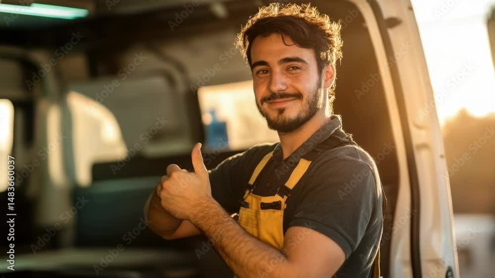 Poster a man gestures with thumbs up near a vehicle