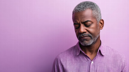 Fototapeta premium pensive senior man: A thoughtful senior man with gray hair and a goatee, wearing a purple shirt, gazes downward with a contemplative expression against a light purple background.