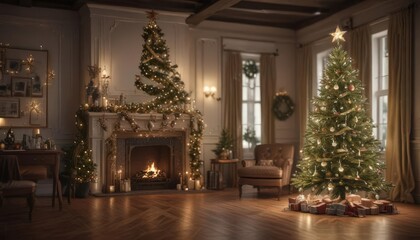 Fototapeta premium Magnificent Christmas tree, dazzling ornaments, twinkling fairy lights , illumination, winter background