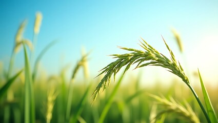Green Rice Field Under Blue Sky. Generative Ai.