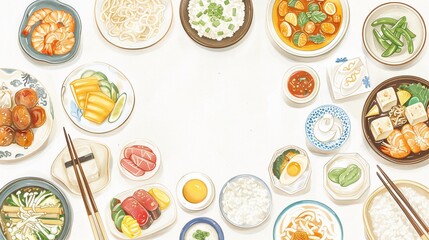 Diverse Asian cuisine dishes arranged on a white background