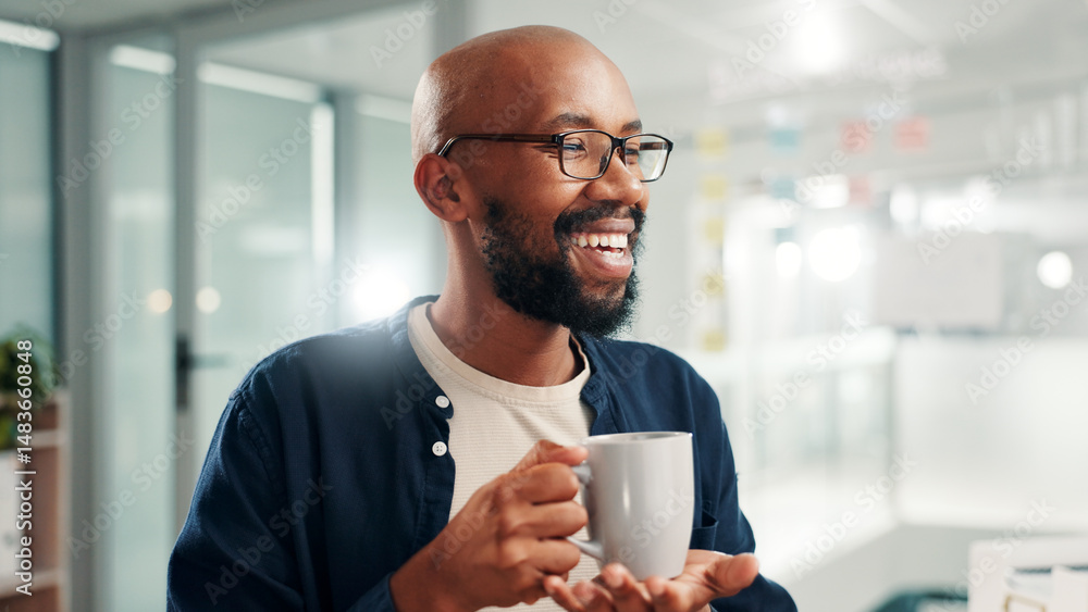 Poster black man, coffee and happy with thinking at office with insight, solution and excited for project. 
