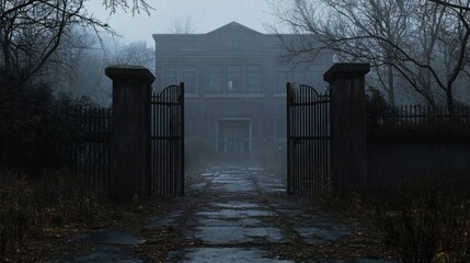 Old mansion behind rusted iron gates in dense fog. Crumbling pillars and overgrown vegetation create eerie atmosphere around abandoned building under pale blue mist. Generative AI