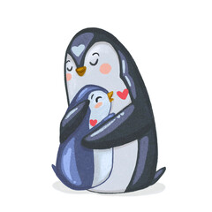 Mom and Baby Penguins Hug Cute Hand-drawn Illustration Isolated on Transparent Background 