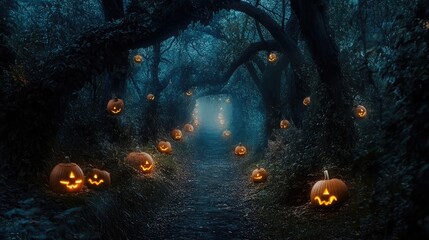 Naklejka premium Forest path lined with glowing jack-o-lanterns and lanterns hanging from trees. Halloween scene with carved pumpkins lighting dirt road in enchanted woodland. Generative AI