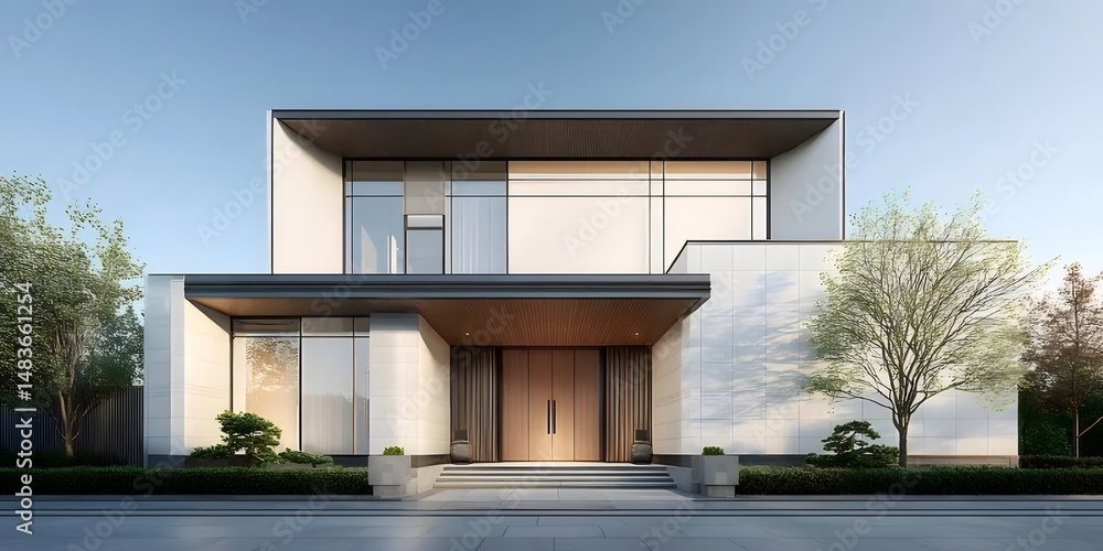 Aufkleber 現代的な白い外部建築 モダンなデザインと緑豊かな庭園のある高級住宅街 都市部のライフスタイル